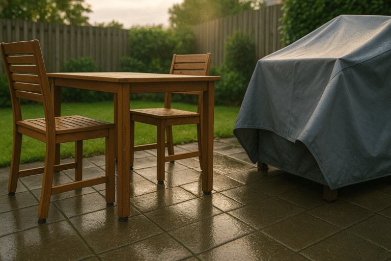 schimmel voorkomen op houten tuinmeubelen in een achtertuin