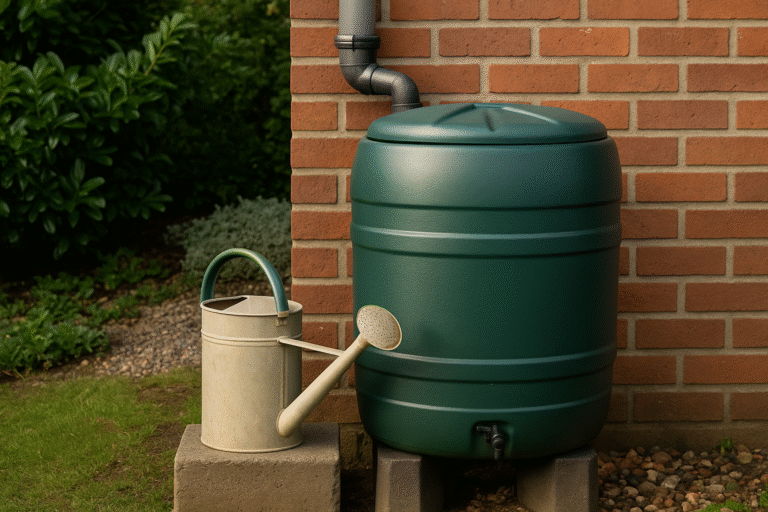 Een groene ton die regenwater opvangt met een gieter ernaast