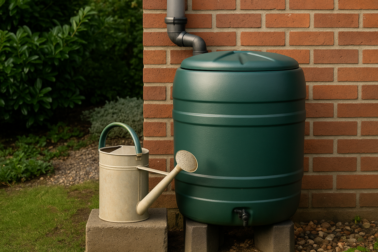Een groene ton die regenwater opvangt met een gieter ernaast