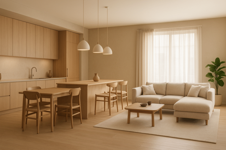 open Japandi keuken en woonkamer met houten meubels, beige tinten, grote ramen en warme natuurlijke verlichting
