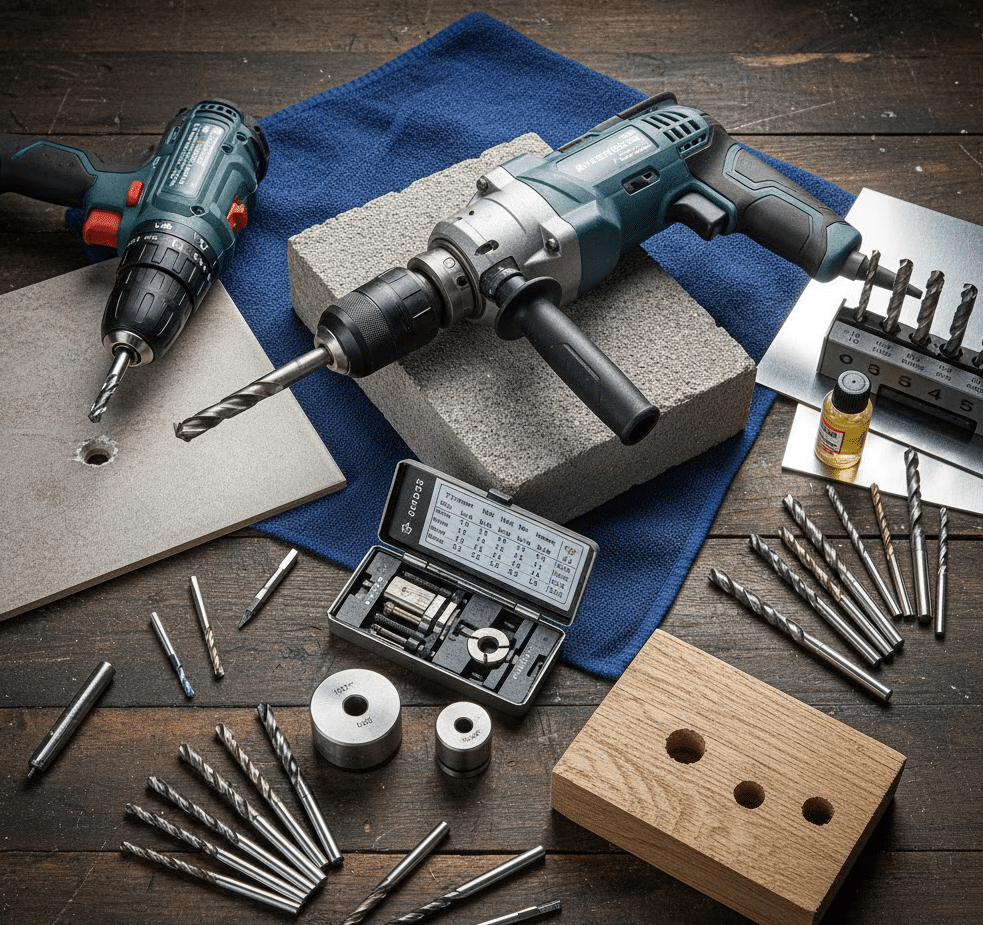 diverse boren diverse boren set met boormachine, beton boor, hout boor en metaal boor op werkbank