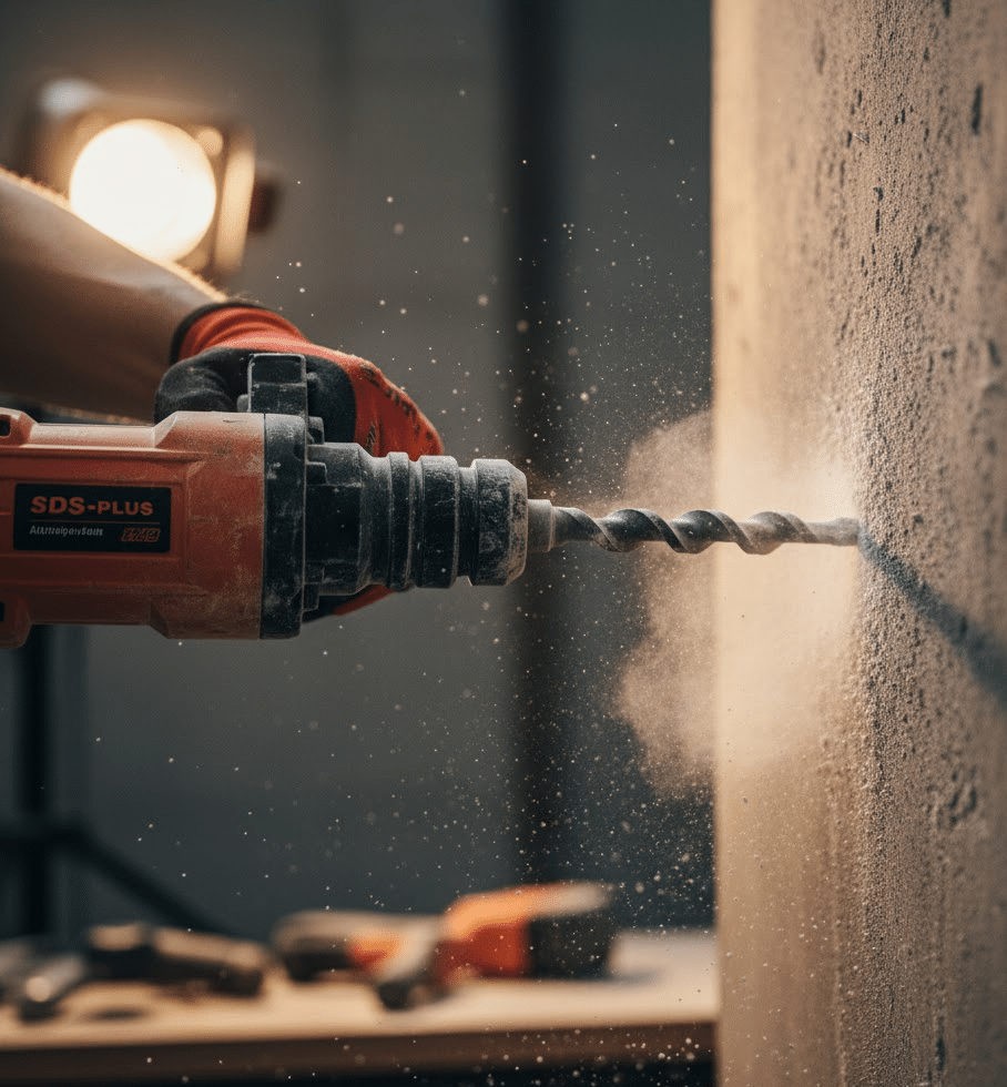 sds boor in beton man boort in beton muur met sds boor en boorhamer