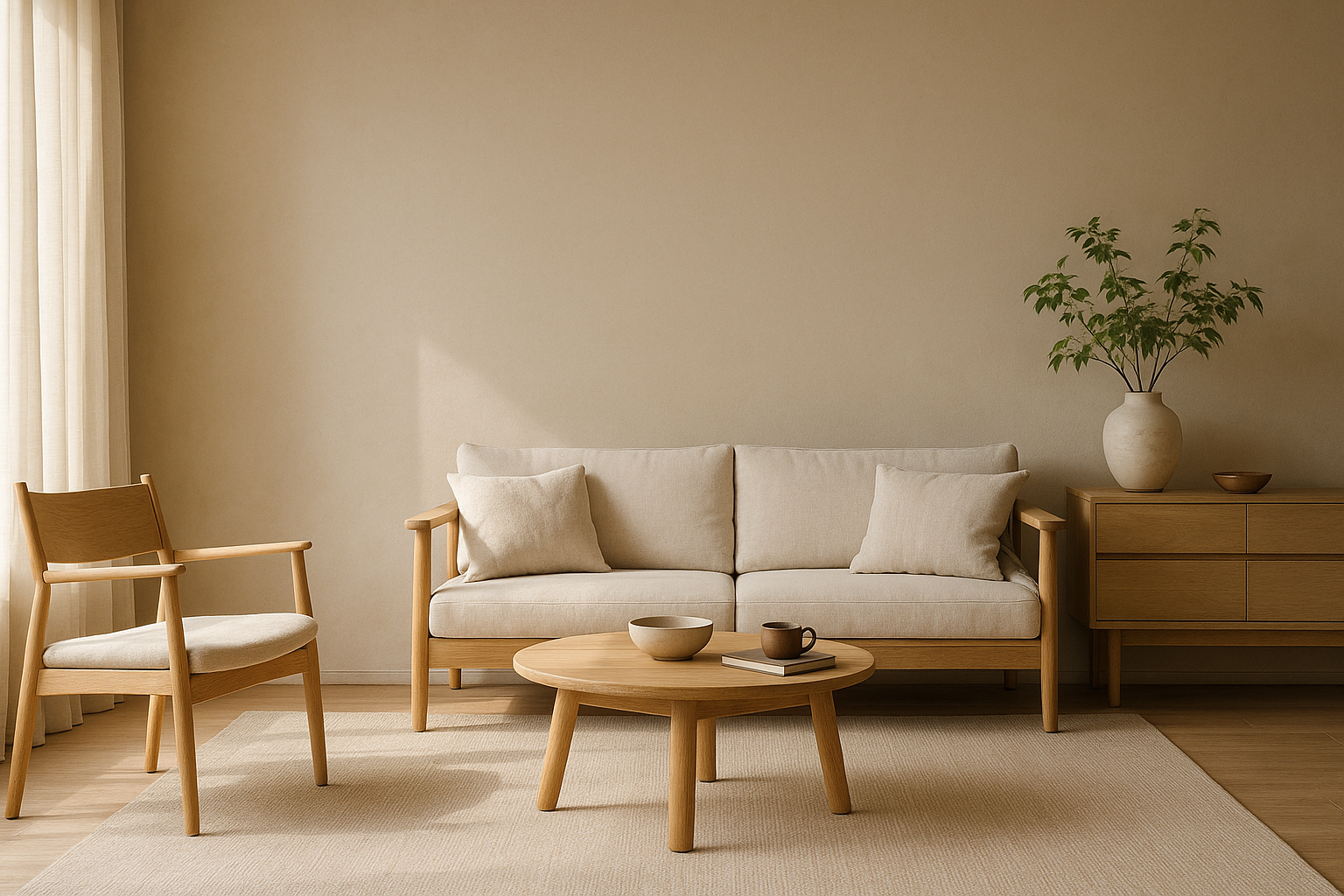 Japandi woonkamer met beige muren, lichte houten meubels, natuurlijke materialen en zacht zonlicht voor een warme, minimalistische sfeer.