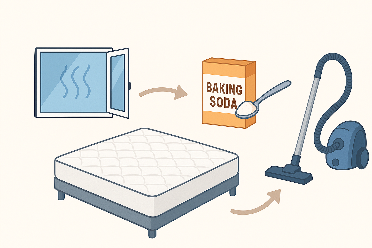Illustratie van een matras dat wordt gelucht, bestrooid met baking soda en gestofzuigd – stappen om een matras schoon te maken zonder wassen
