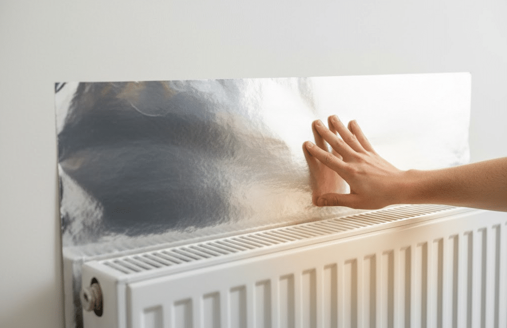 Hand plakt radiatorfolie achter witte radiator, met warme gloed die door de folie wordt teruggekaatst in plaats van de muur