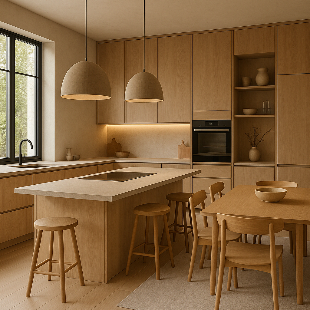Ruime Japandi keuken met groot kookeiland, houten kasten, warme verlichting en eettafel voor een gezellige, moderne sfeer.