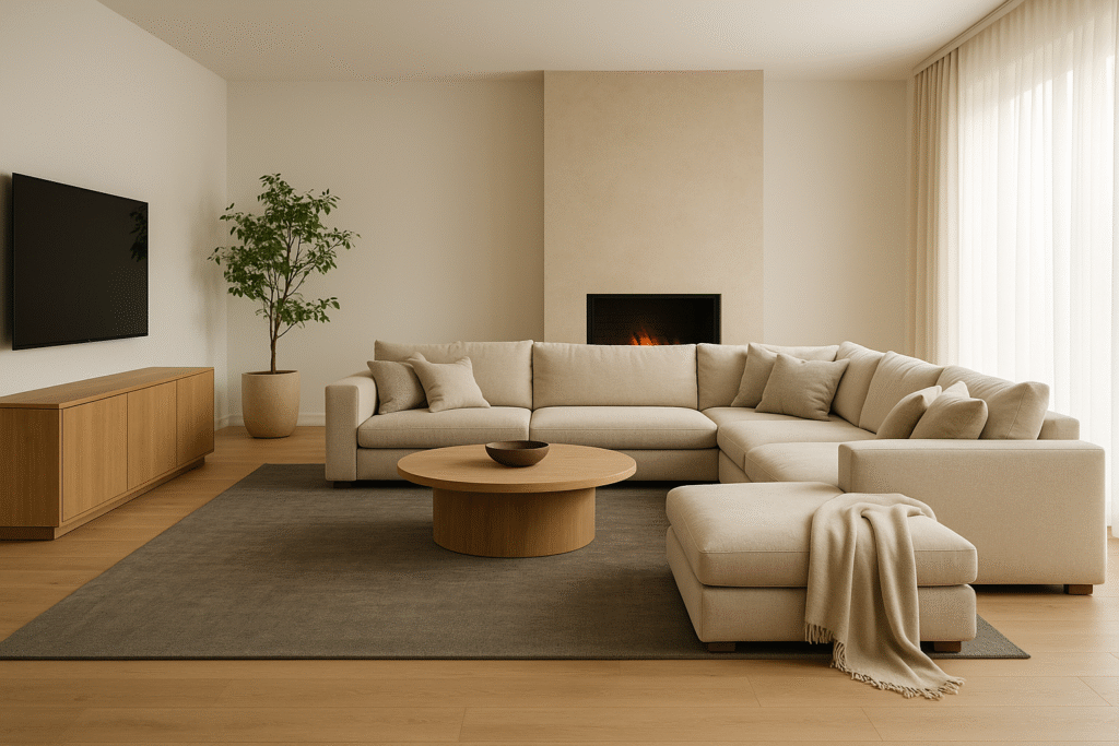 Ruime Japandi woonkamer met grote beige hoekbank, zacht vloerkleed, houten accenten en haard voor een warme, uitnodigende sfeer.