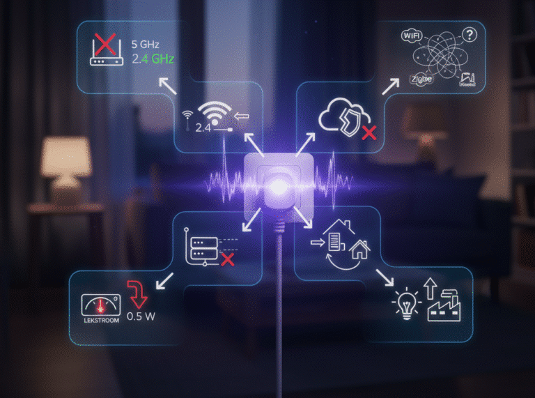 Een slimme stekker in een huiselijke setting, omringd door lichtgevende iconen die veelvoorkomende problemen symboliseren, zoals incompatibele wifi-frequenties, cloud-afhankelijkheid, datalekken, sluipverbruik en protocolconflicten in een smart home.