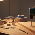werkbank met hand die boormachine gebruikt om in hout te boren, diverse boren set zonder tekst, beton blok en metaal, 16:9 hero image voor boor gids
