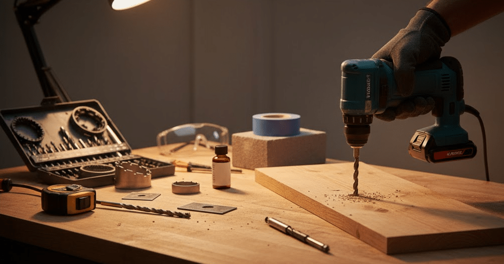 werkbank met hand die boormachine gebruikt om in hout te boren, diverse boren set zonder tekst, beton blok en metaal, 16:9 hero image voor boor gids