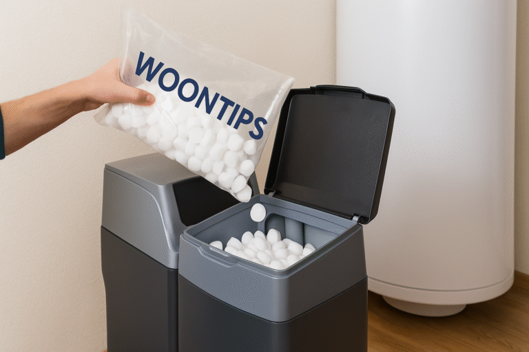 Hand giet witte zouttabletten uit transparante zak met opschrift ‘WOONTIPS’ in waterontharder naast boiler in bijkeuken.